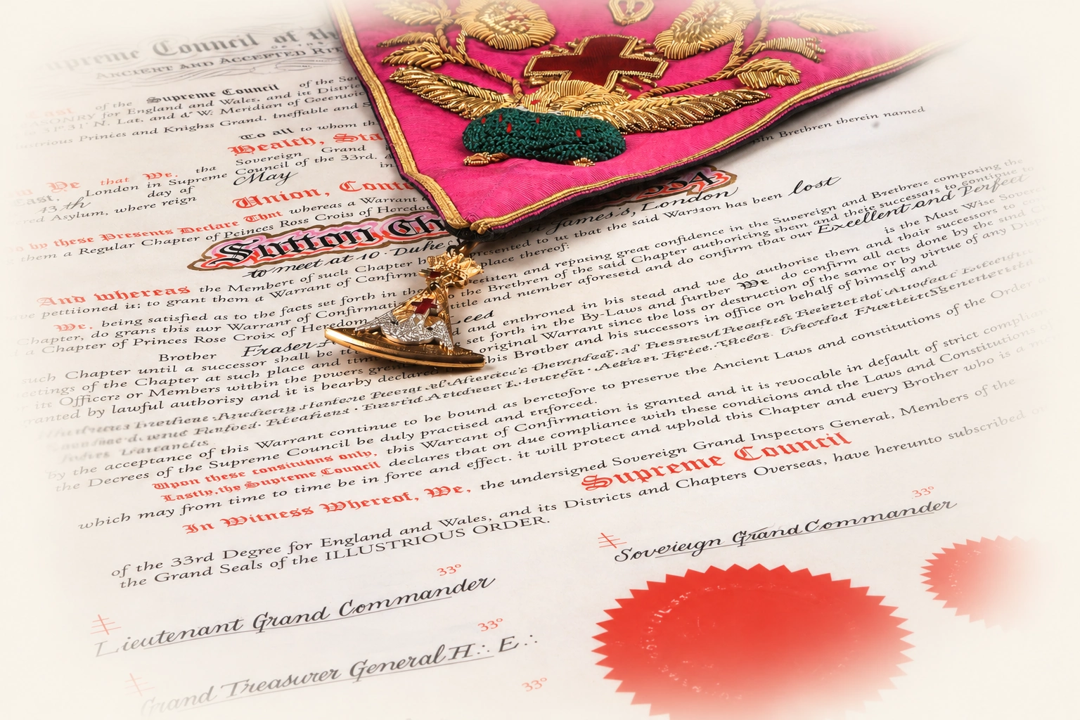 Rose Croix collar with gold embroidery and a hanging jewel resting on a Masonic warrant
